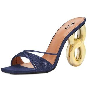 FYS Women Square Open Toe Gold Metal Heel Mules Cross Strap Sandals Blue Shoes